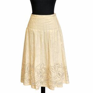 Lafayette 148 NY 100% Linen Pleated Midi Skirt 14 Laser Cut Leaf Hem